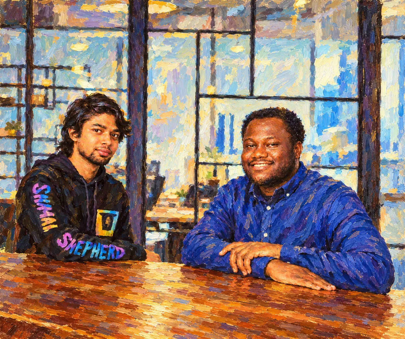 Prakhar Singh and Abdulhamid Hassan at a table, painted portrait